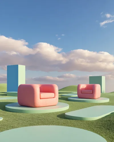 Surreal Pink Armchairs On Green Grass Platforms