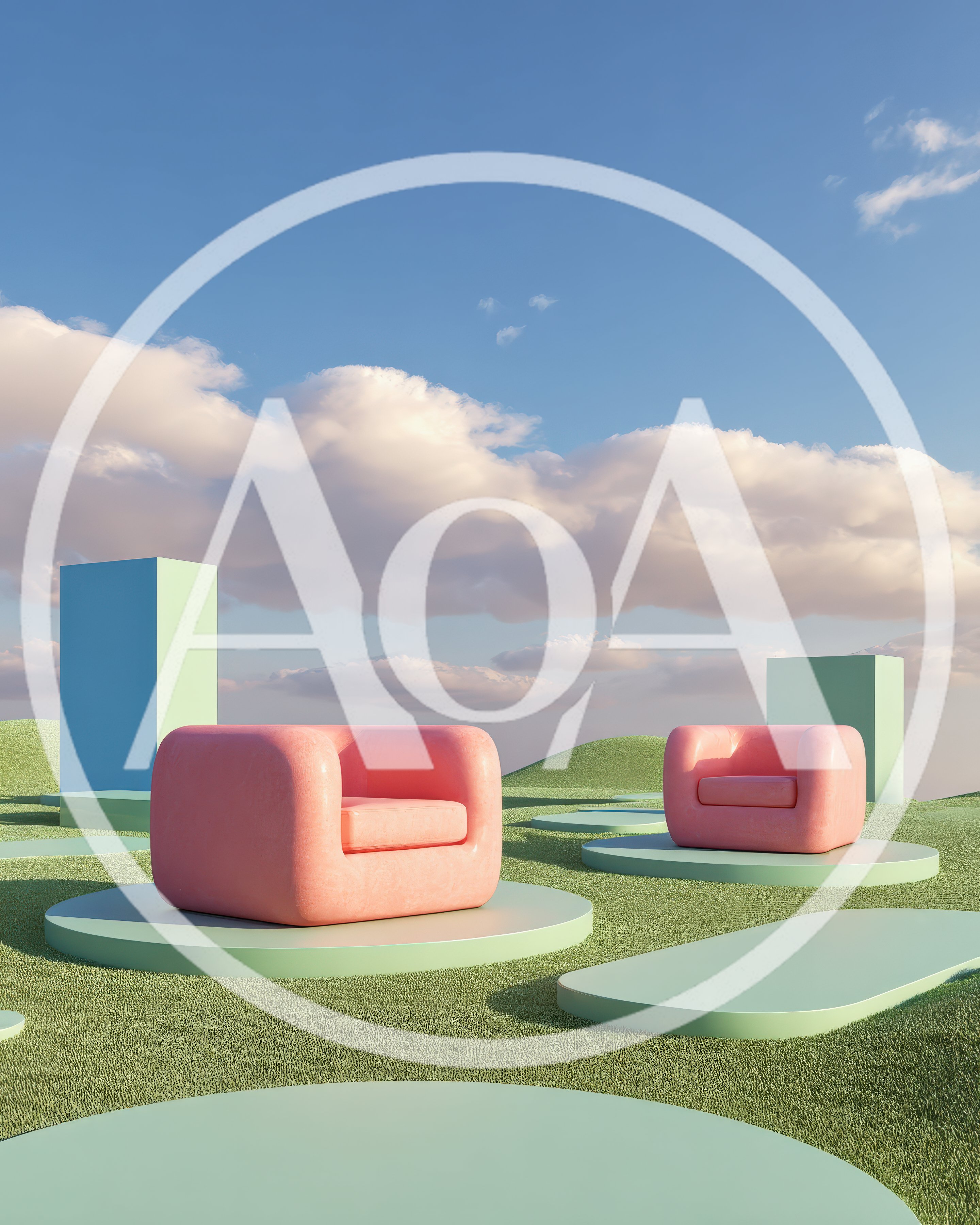 Surreal Pink Armchairs On Green Grass Platforms
