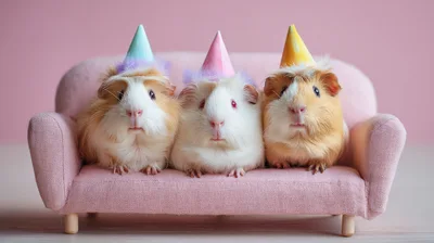 Three Guinea Pigs Wearing Party Hats On A Miniature Sofa