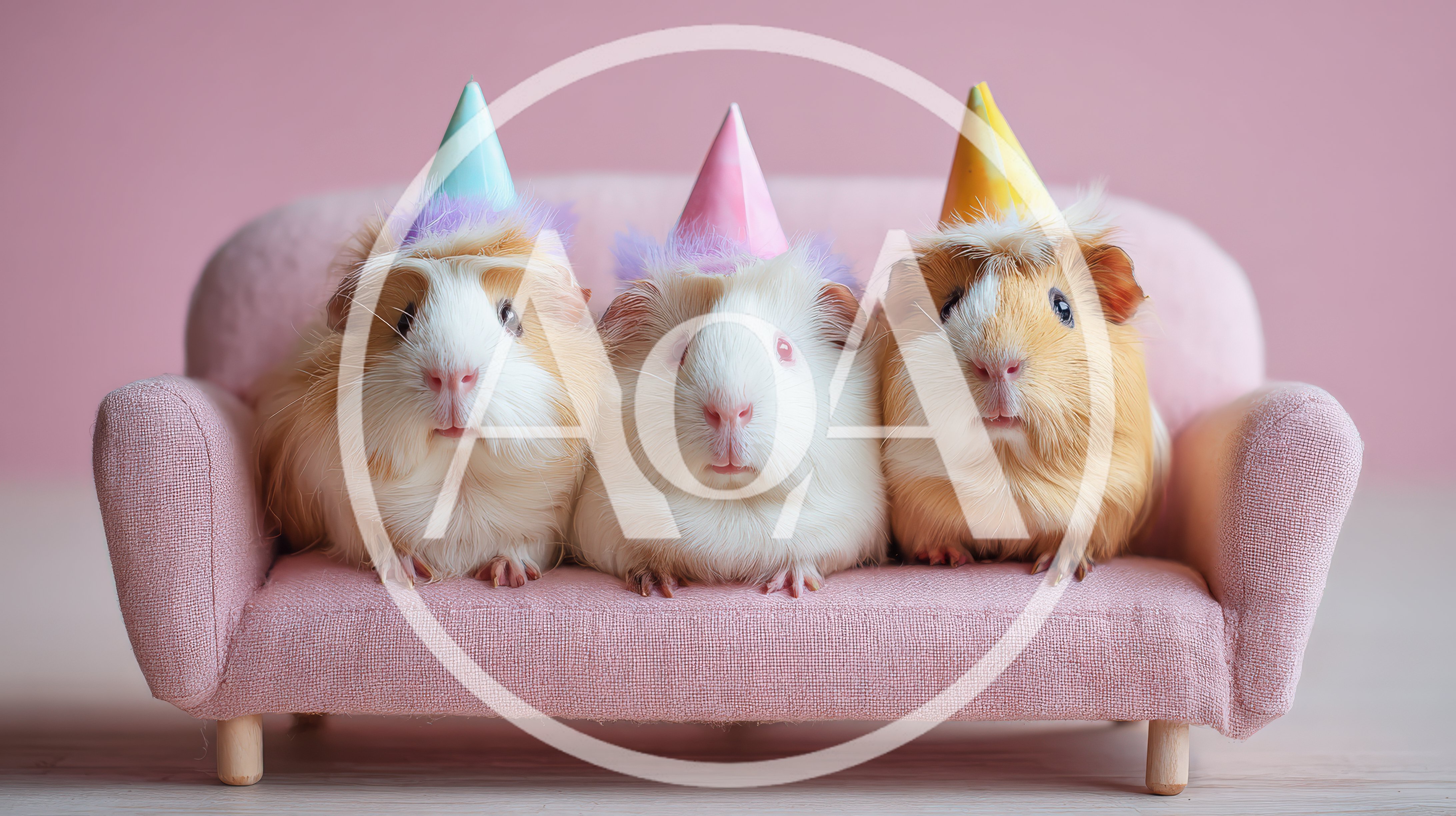 Three Guinea Pigs Wearing Party Hats On A Miniature Sofa