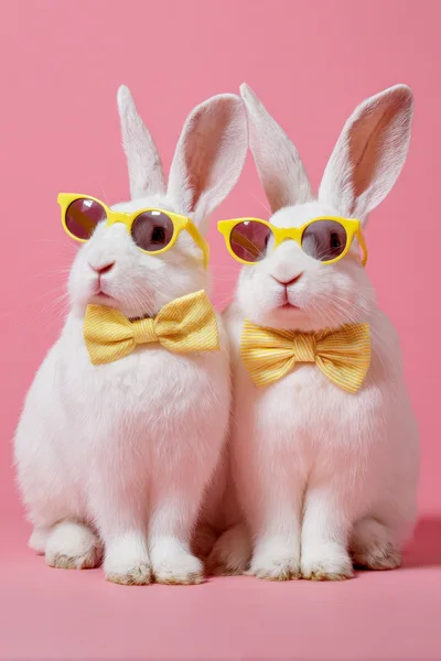 Two White Rabbits Wearing Yellow Sunglasses And Bow Ties