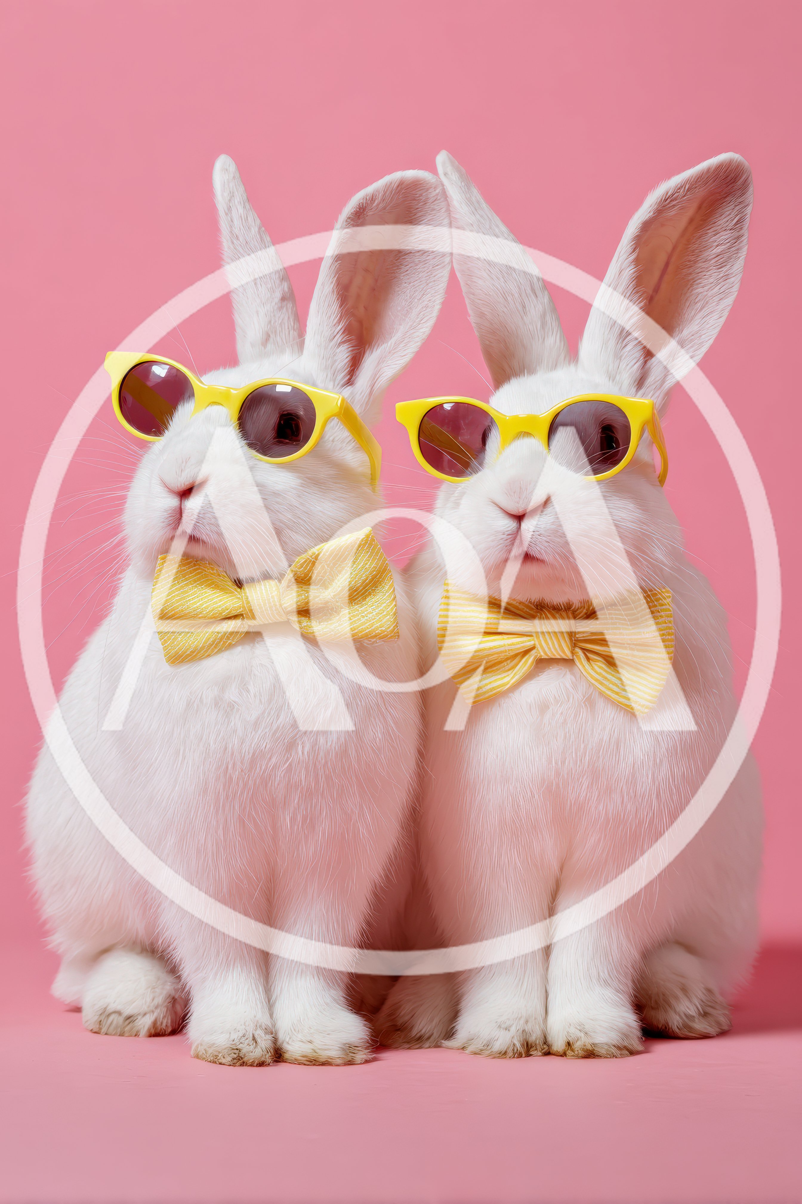 Two White Rabbits Wearing Yellow Sunglasses And Bow Ties
