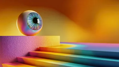 Surreal Human Eye Resting On Colorful Abstract Staircase