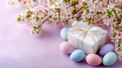 Easter Gift Box With Pastel Eggs And Cherry Blossoms