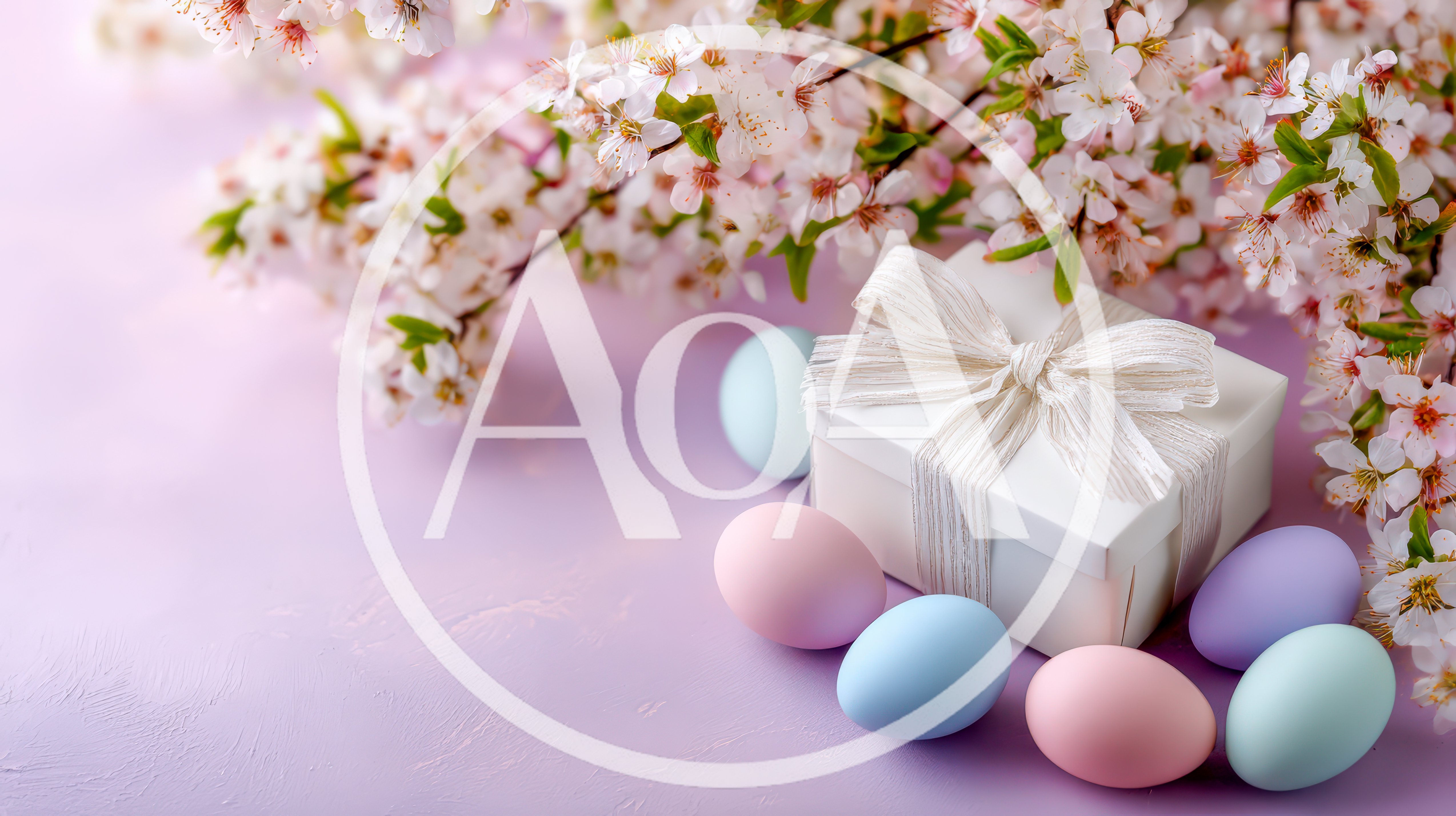 Easter Gift Box With Pastel Eggs And Cherry Blossoms