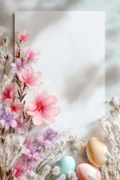 Easter Greeting Card With Cherry Blossoms And Eggs