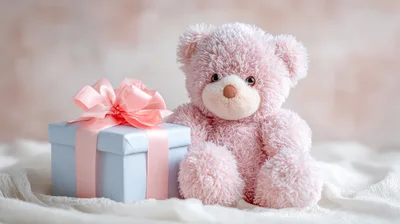 Pink Teddy Bear With A Blue Gift Box