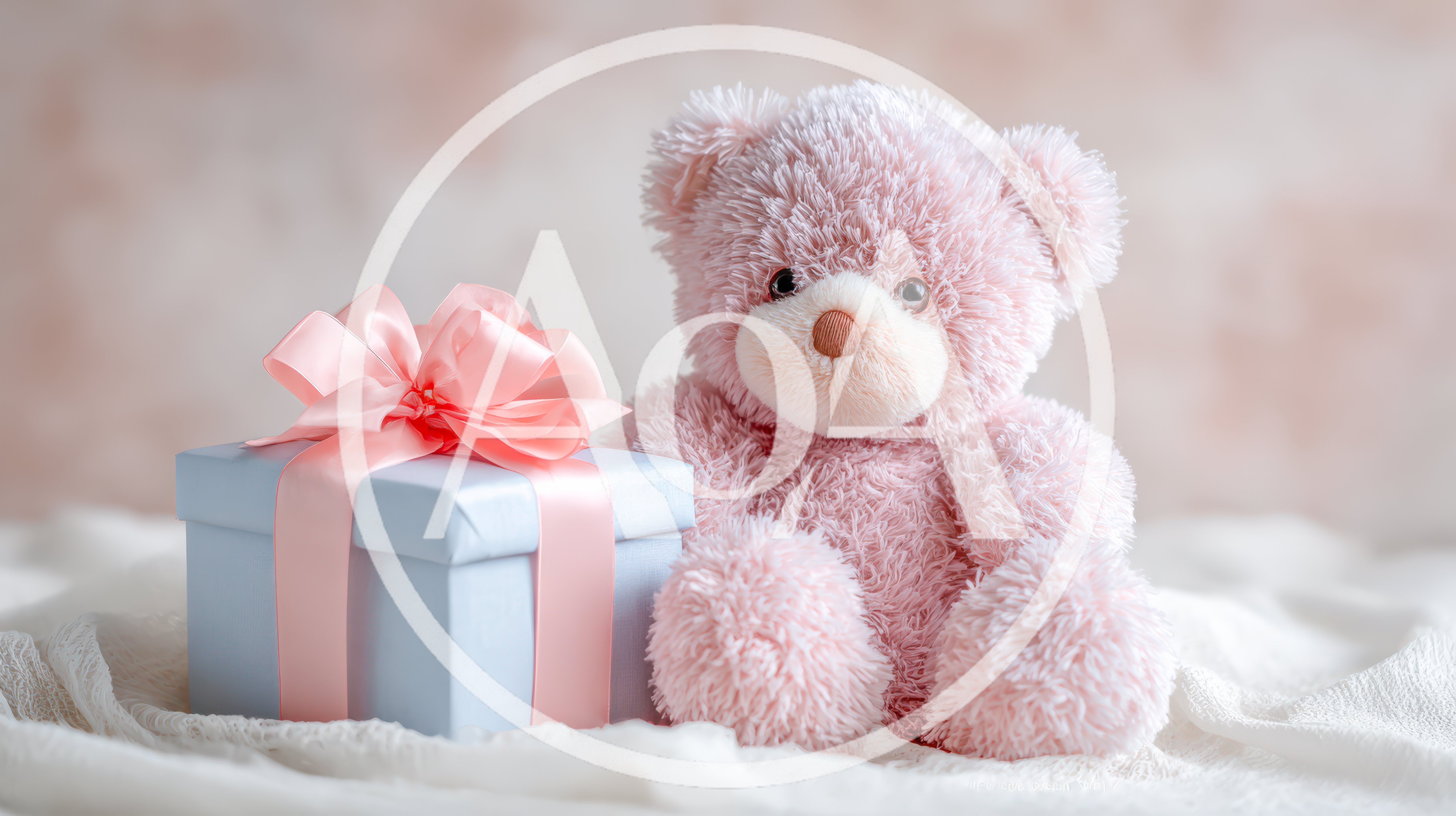 Pink Teddy Bear With A Blue Gift Box