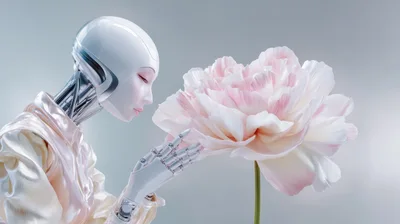 Humanoid Robot Gently Touching A Large Pink Flower