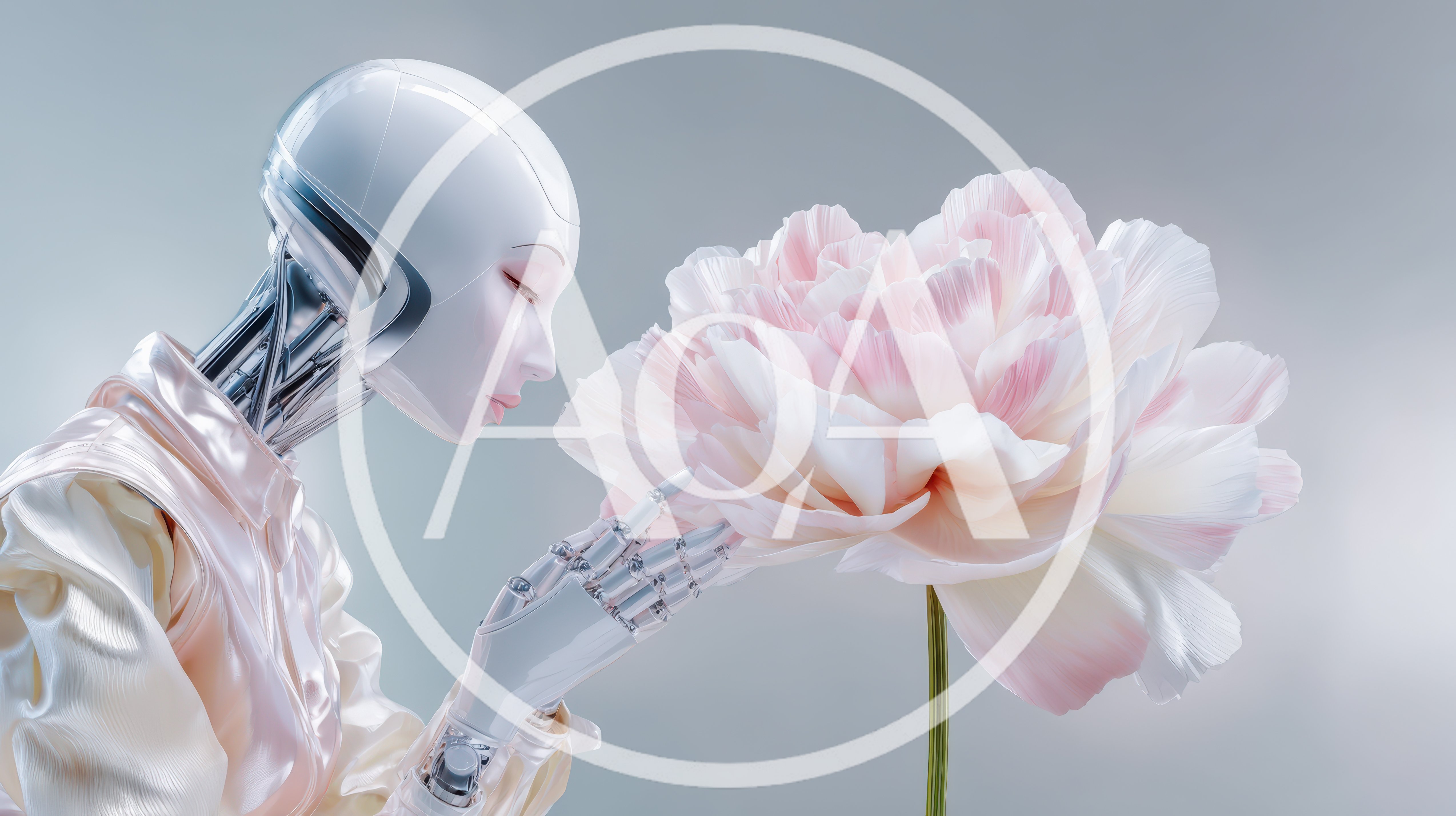 Humanoid Robot Gently Touching A Large Pink Flower