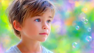 Young Child Watching Floating Bubbles Outdoors