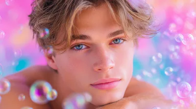 Portrait Of A Young Man Surrounded By Floating Bubbles