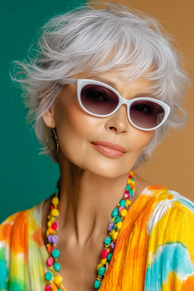 Stylish Mature Woman Wearing Sunglasses And Colorful Jewelry