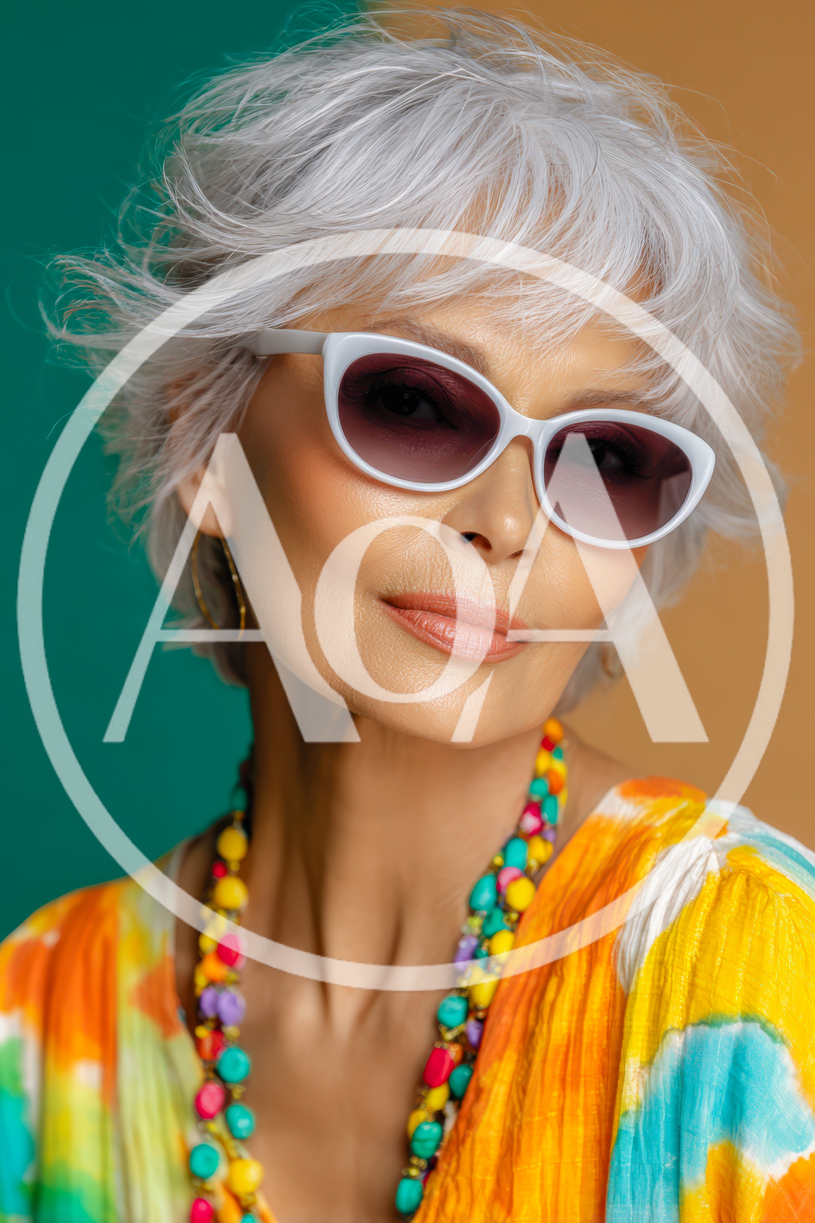 Stylish Mature Woman Wearing Sunglasses And Colorful Jewelry