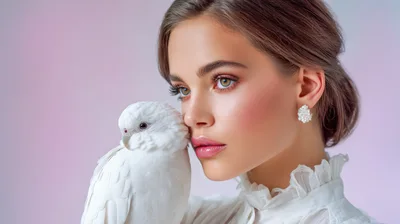 Beautiful Young Woman Posing With A White Budgerigar