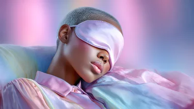Portrait Of A Woman Wearing A Silk Sleep Mask