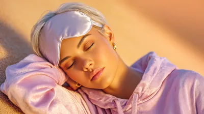 Young Woman Sleeping Outdoors With A Silk Eye Mask
