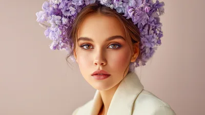 Portrait Of A Beautiful Young Woman With Purple Flowers