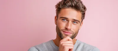 Thoughtful Young Man Touching Chin Against Pink Background