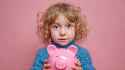 Young Girl Holding A Pink Piggy Bank