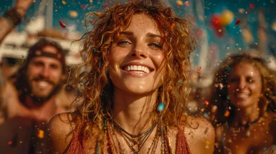 Young Woman Celebrating at a Sunny Outdoor Music Festival