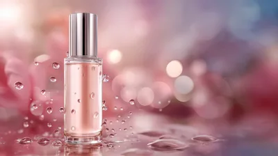 Perfume Bottle With Water Droplets On Pink Background