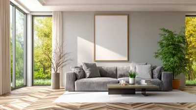 Modern Living Room Interior With Grey Sofa And Decor