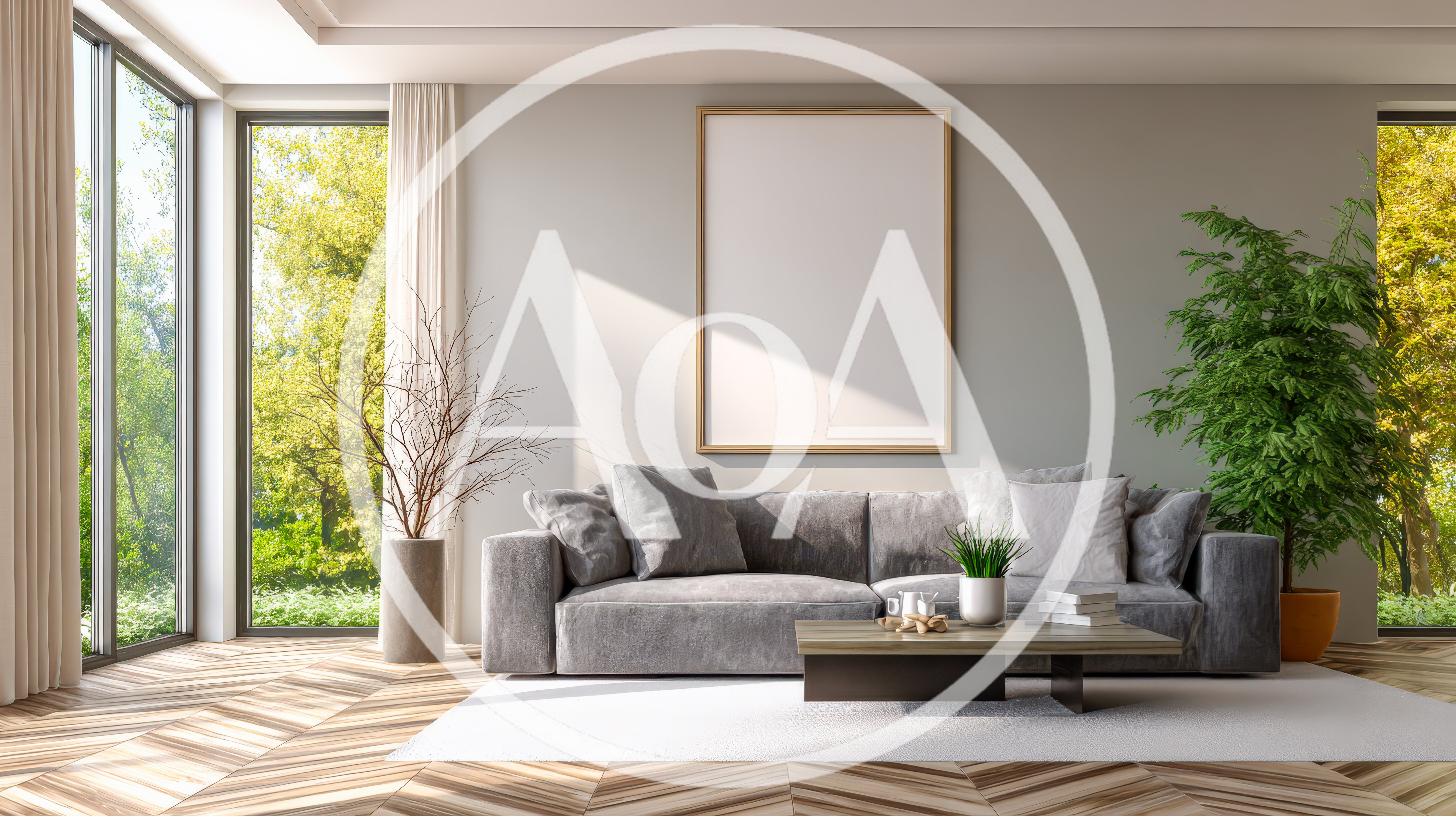 Modern Living Room Interior With Grey Sofa And Decor