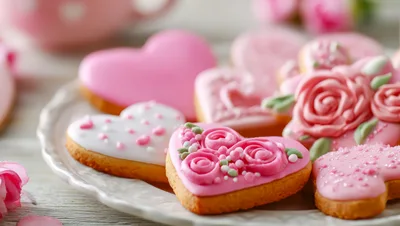 Heart Shaped Valentine Cookies Decorated With Pink Icing