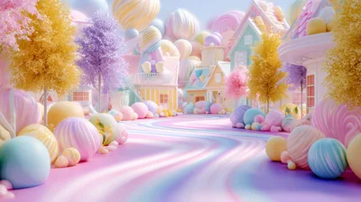 Whimsical Candy Land Village With Pastel Colored Architecture