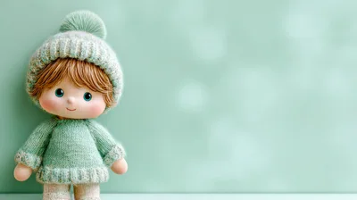 Cute Knitted Doll Wearing A Winter Hat And Sweater