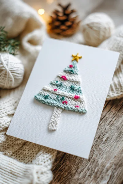 Handmade Knitted Christmas Tree Card on Rustic Wood