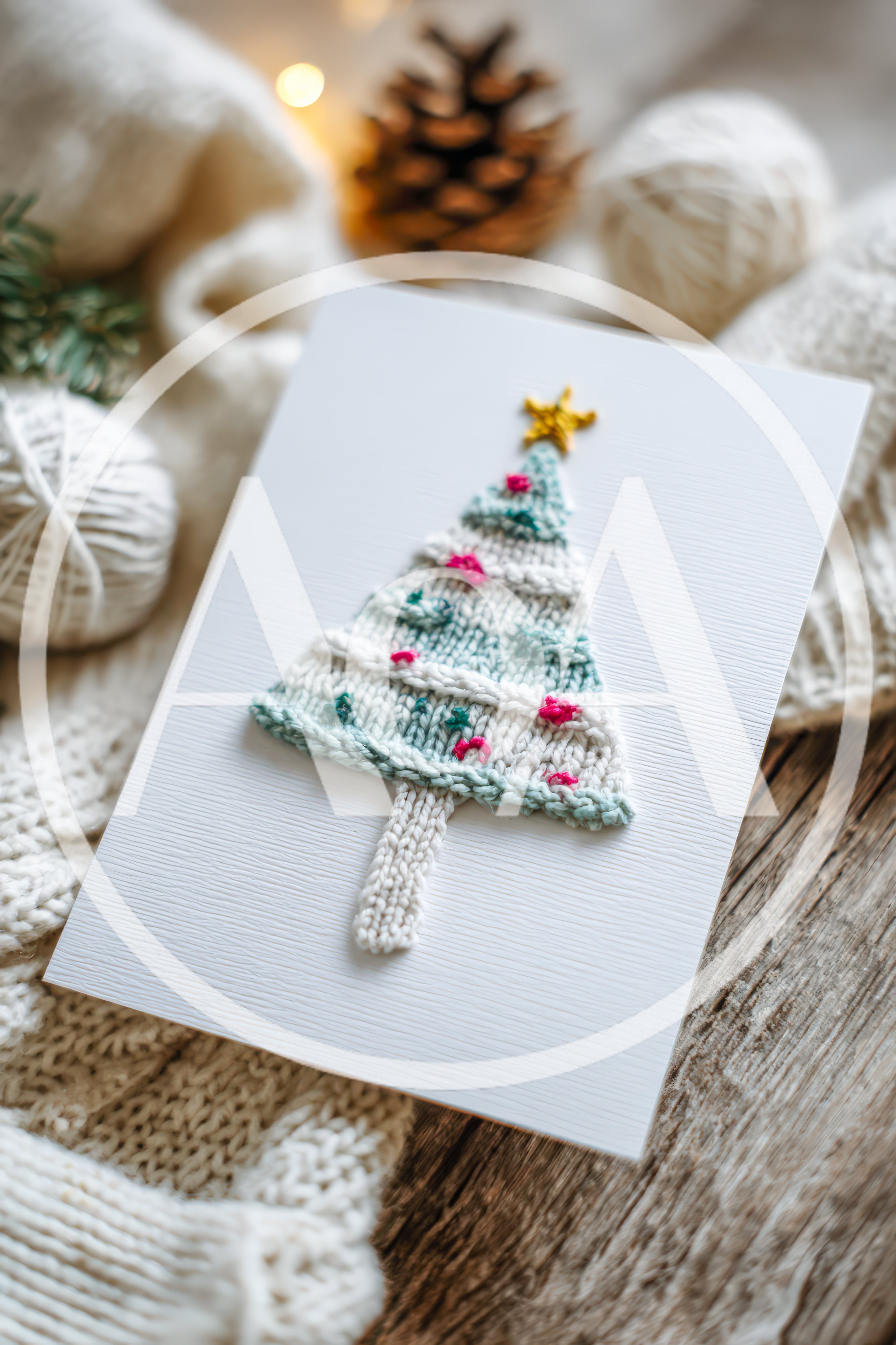 Handmade Knitted Christmas Tree Card on Rustic Wood