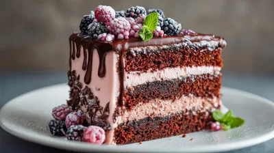 Slice Of Decadent Chocolate Layer Cake With Berries