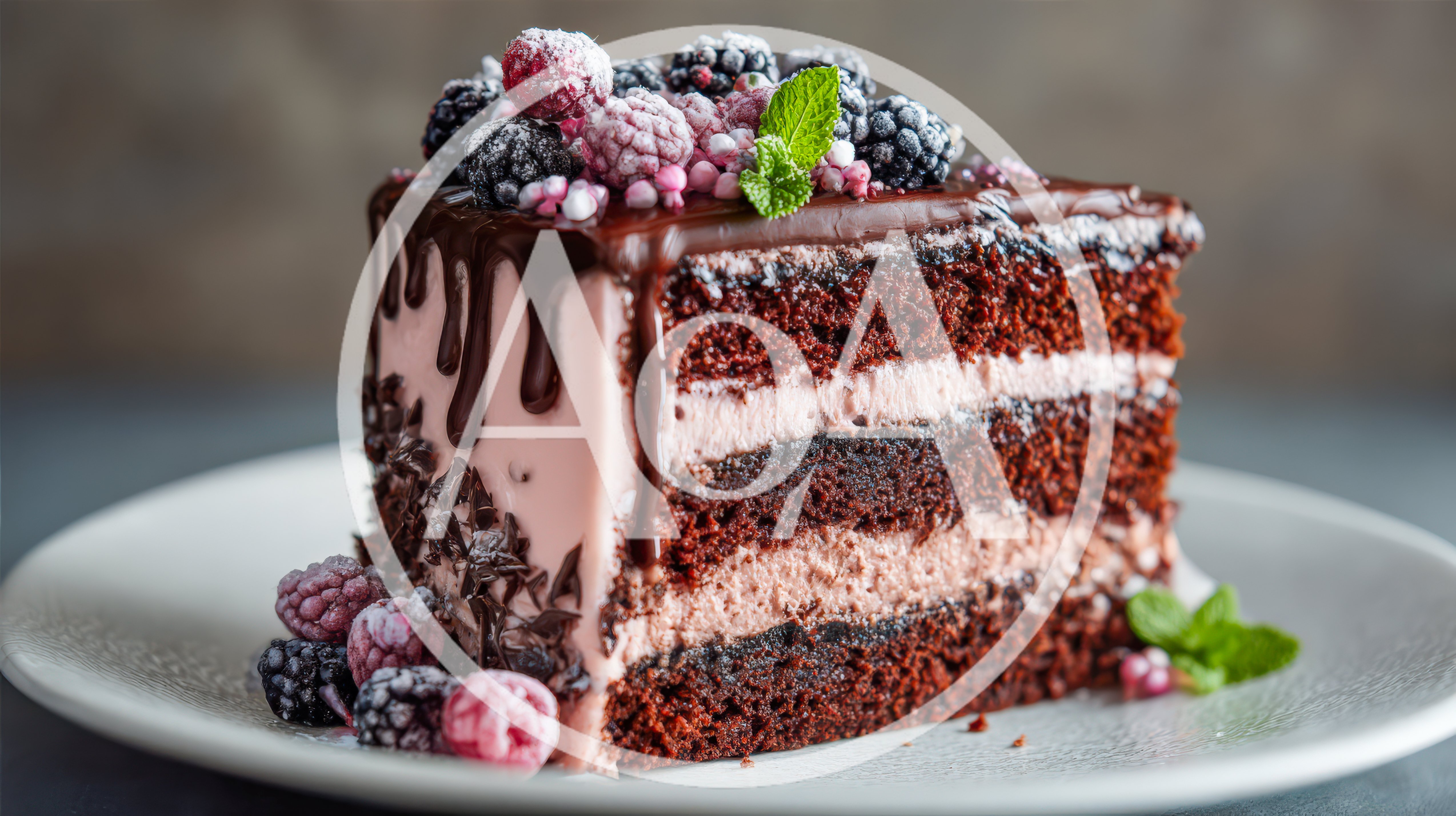 Slice Of Decadent Chocolate Layer Cake With Berries