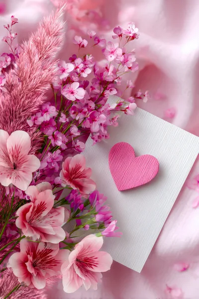 Pink Floral Arrangement With Heart Card