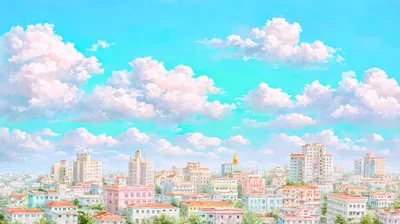 Anime Style Cityscape With Pastel Clouds And Blue Sky