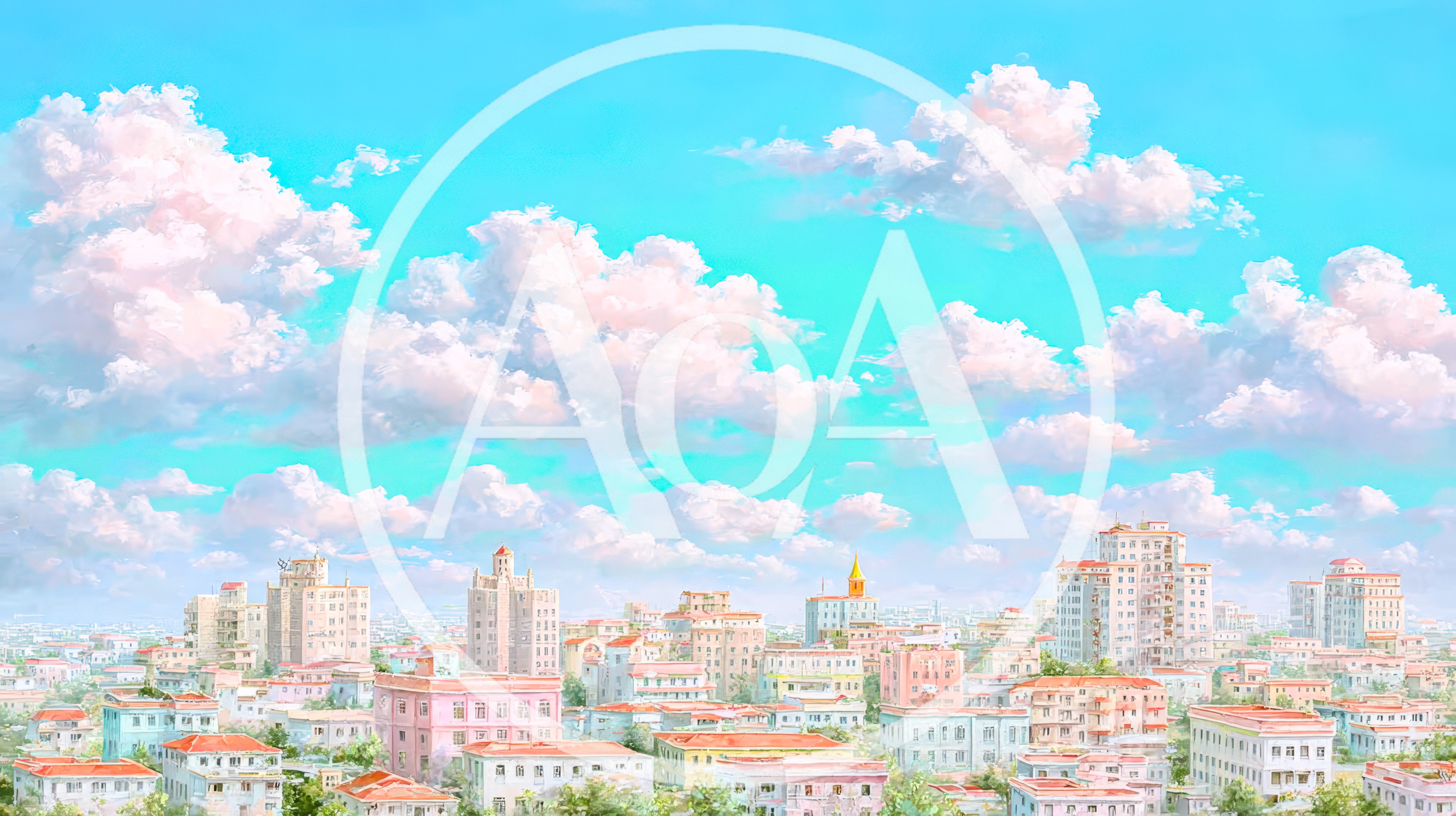 Anime Style Cityscape With Pastel Clouds And Blue Sky