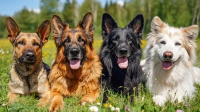 Four German Shepherd Dogs Lying In A Grassy Field