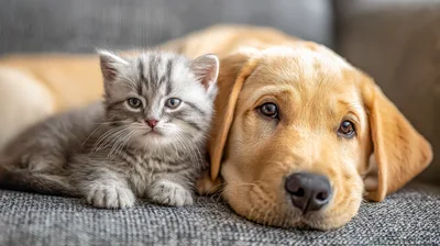 Adorable Kitten And Golden Retriever Puppy Resting Together