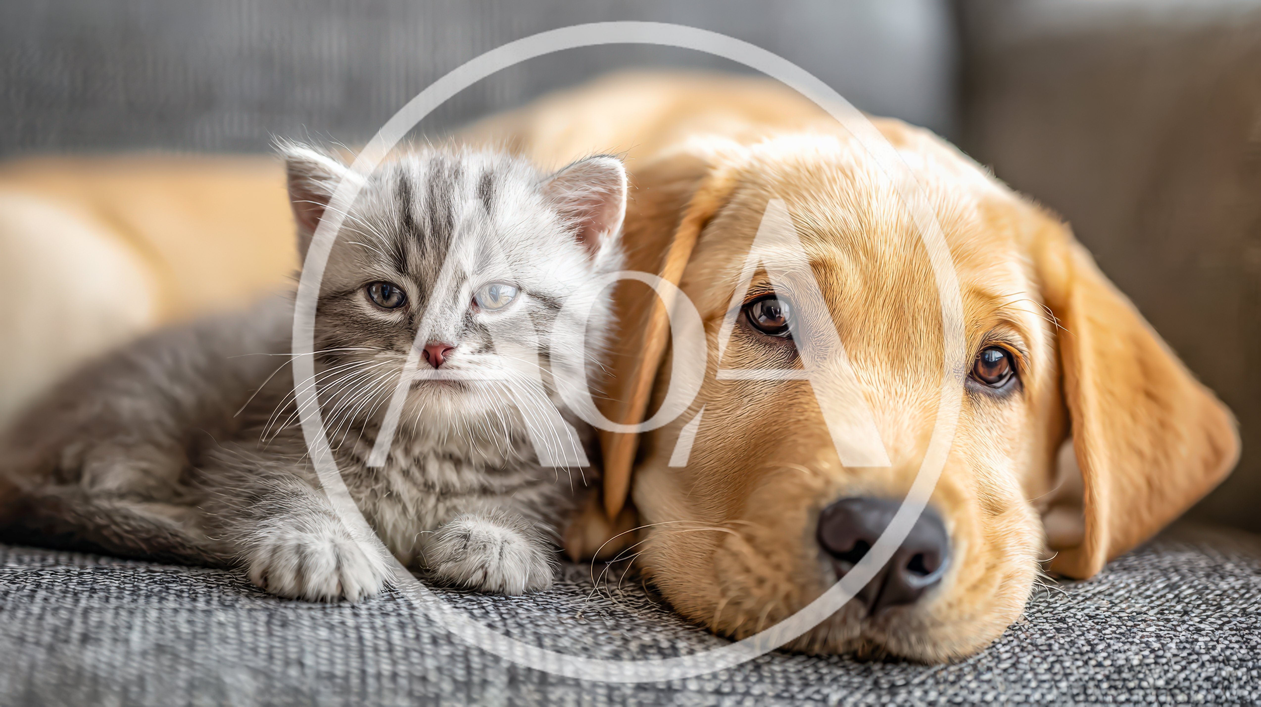 Adorable Kitten And Golden Retriever Puppy Resting Together