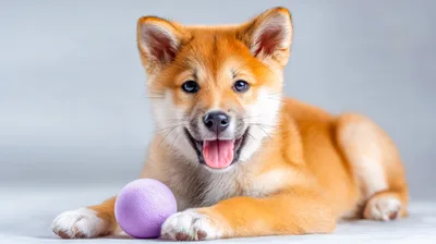 Adorable Shiba Inu Puppy Playing With A Purple Ball