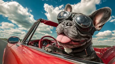 French Bulldog Wearing Goggles Driving A Red Convertible