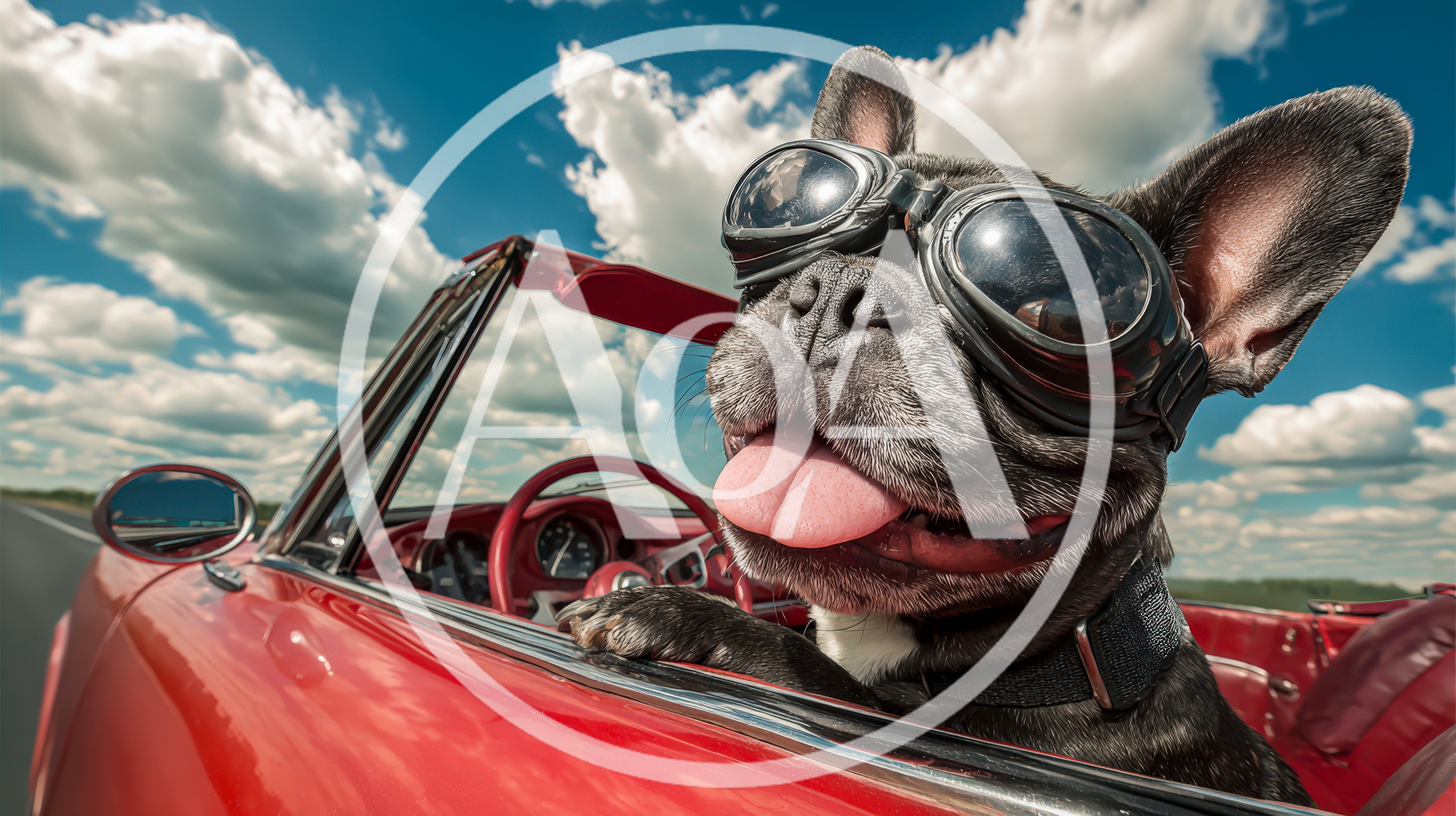 French Bulldog Wearing Goggles Driving A Red Convertible