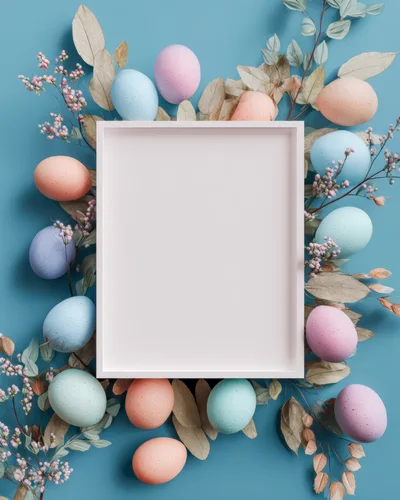 Easter Frame Mockup With Pastel Eggs And Dried Flowers