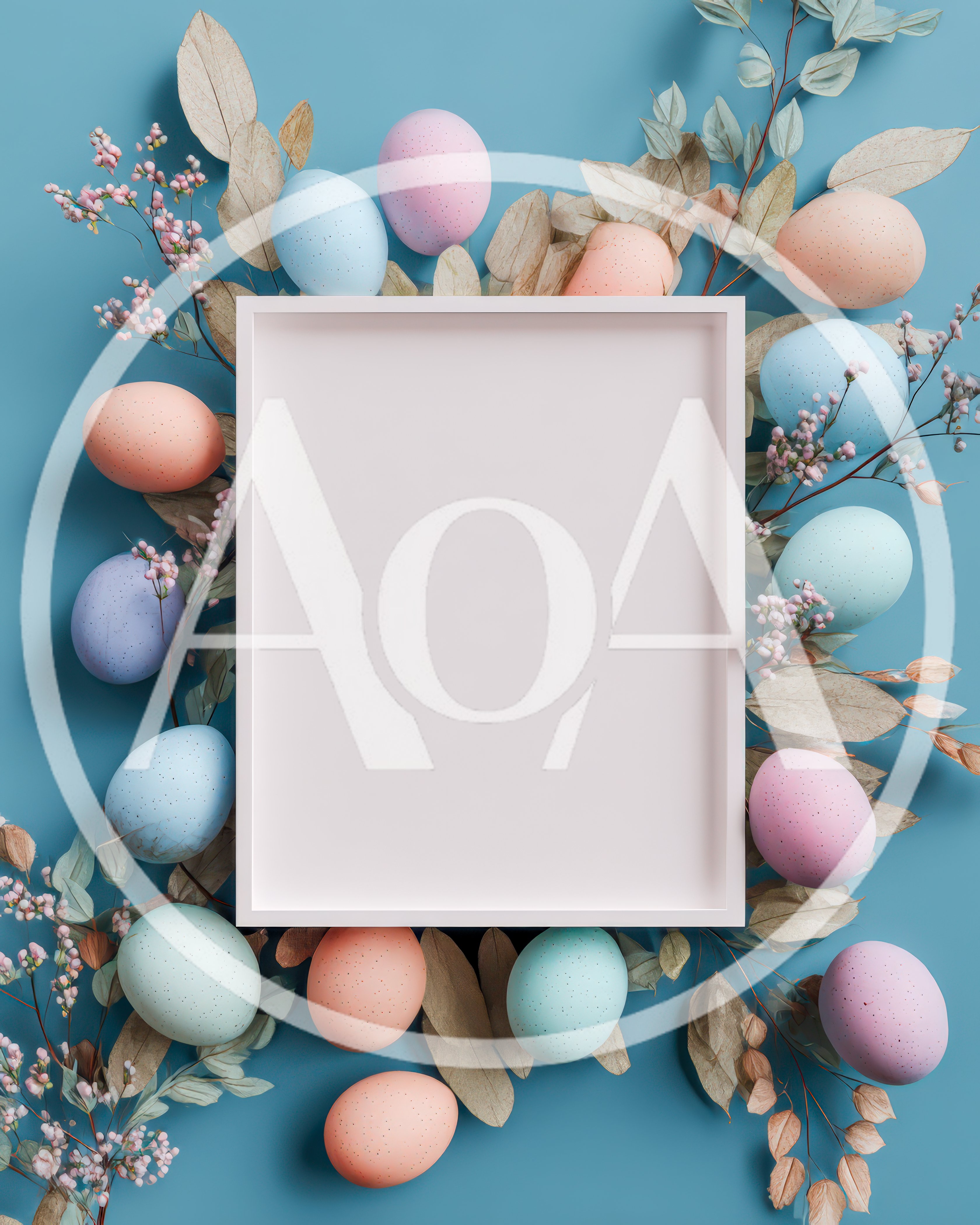 Easter Frame Mockup With Pastel Eggs And Dried Flowers
