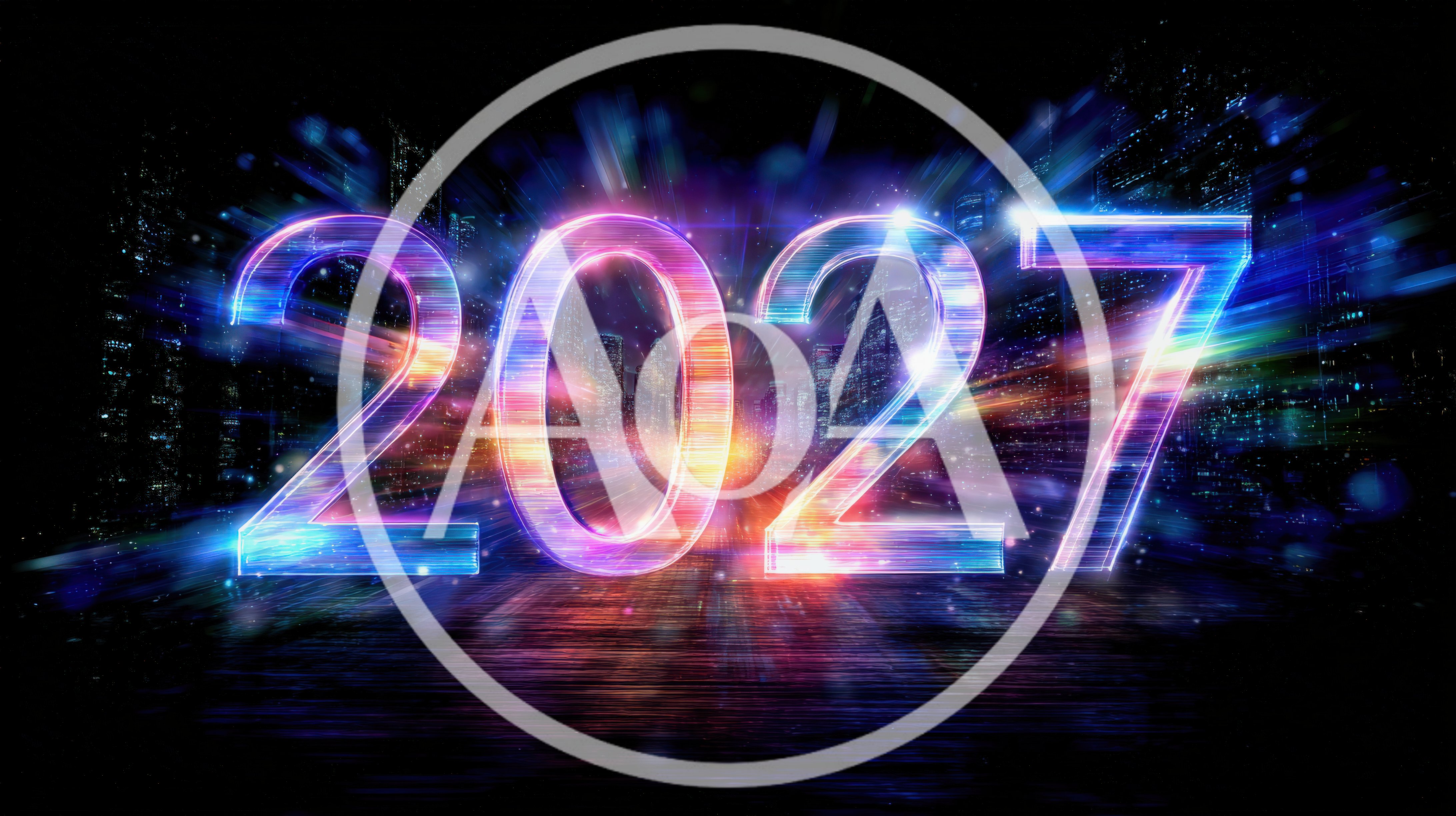 Glowing Neon 2027 Text Over Futuristic Cityscape