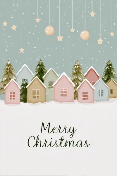 Watercolor Christmas Village Illustration With Hanging Ornaments
