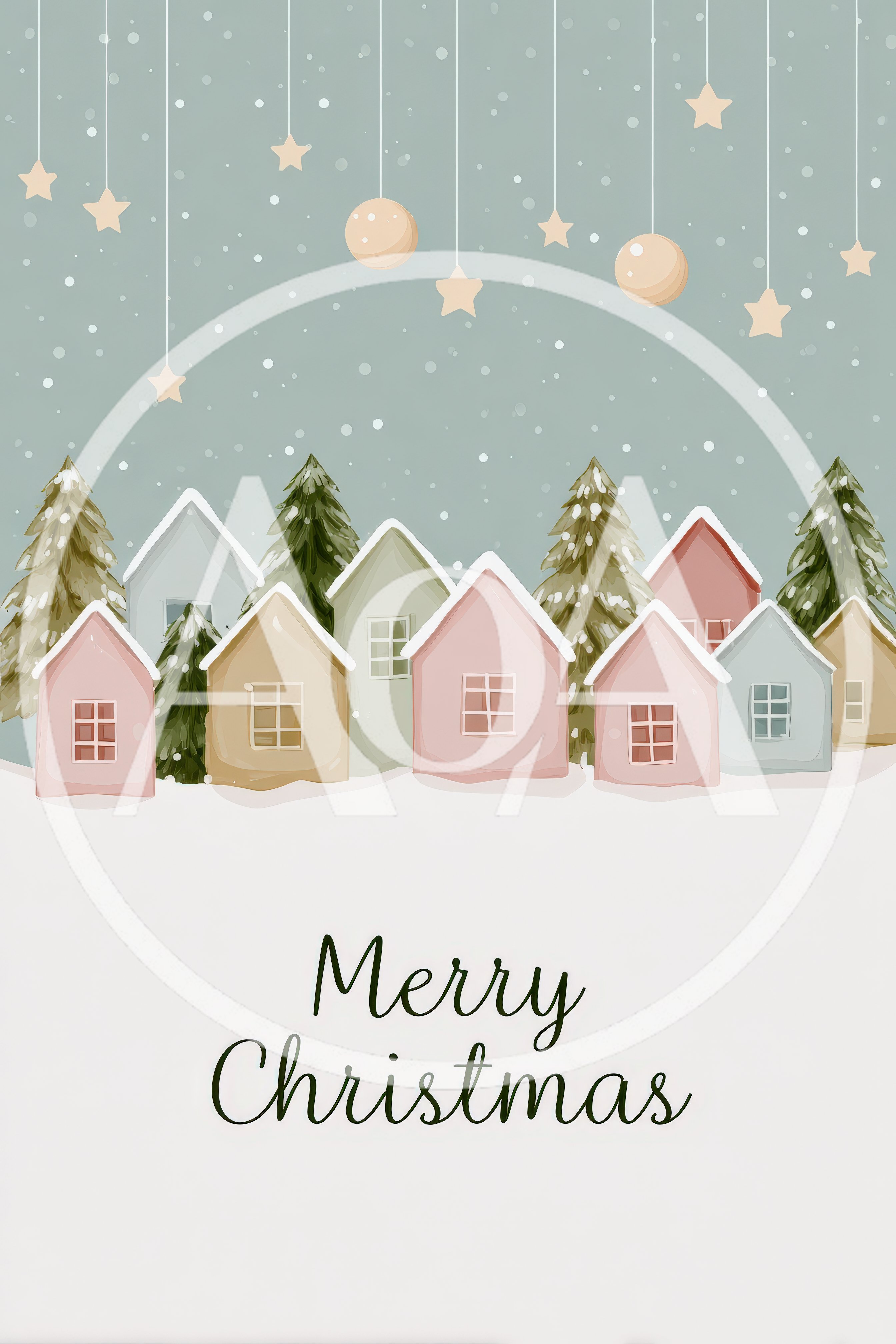 Watercolor Christmas Village Illustration With Hanging Ornaments