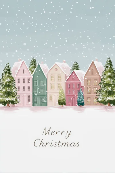 Watercolor Christmas Village Illustration With Snowing Sky